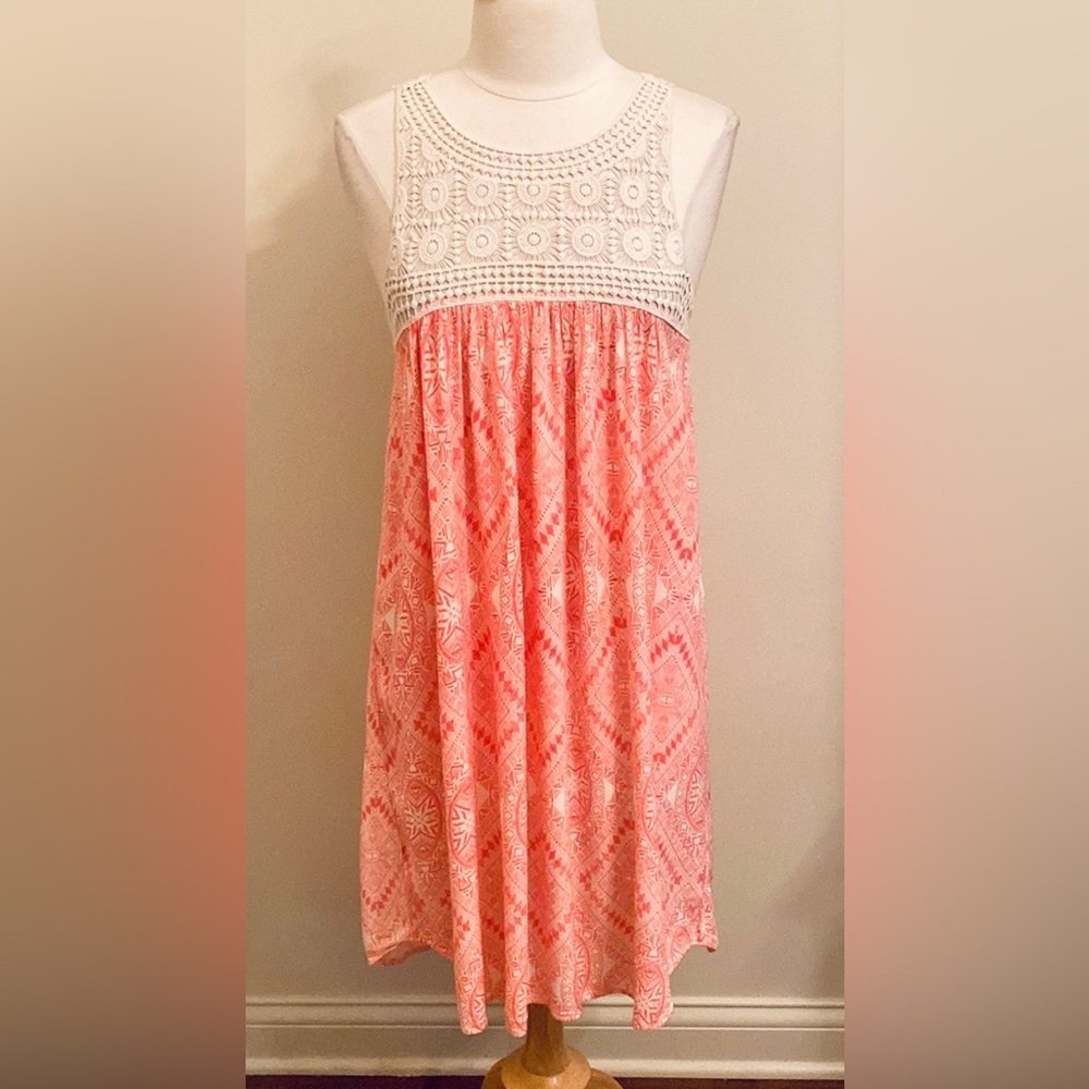 Maurices Cream Orange Crochet Geometric M Boho Coastal Hippie Chic Gauzy Dress